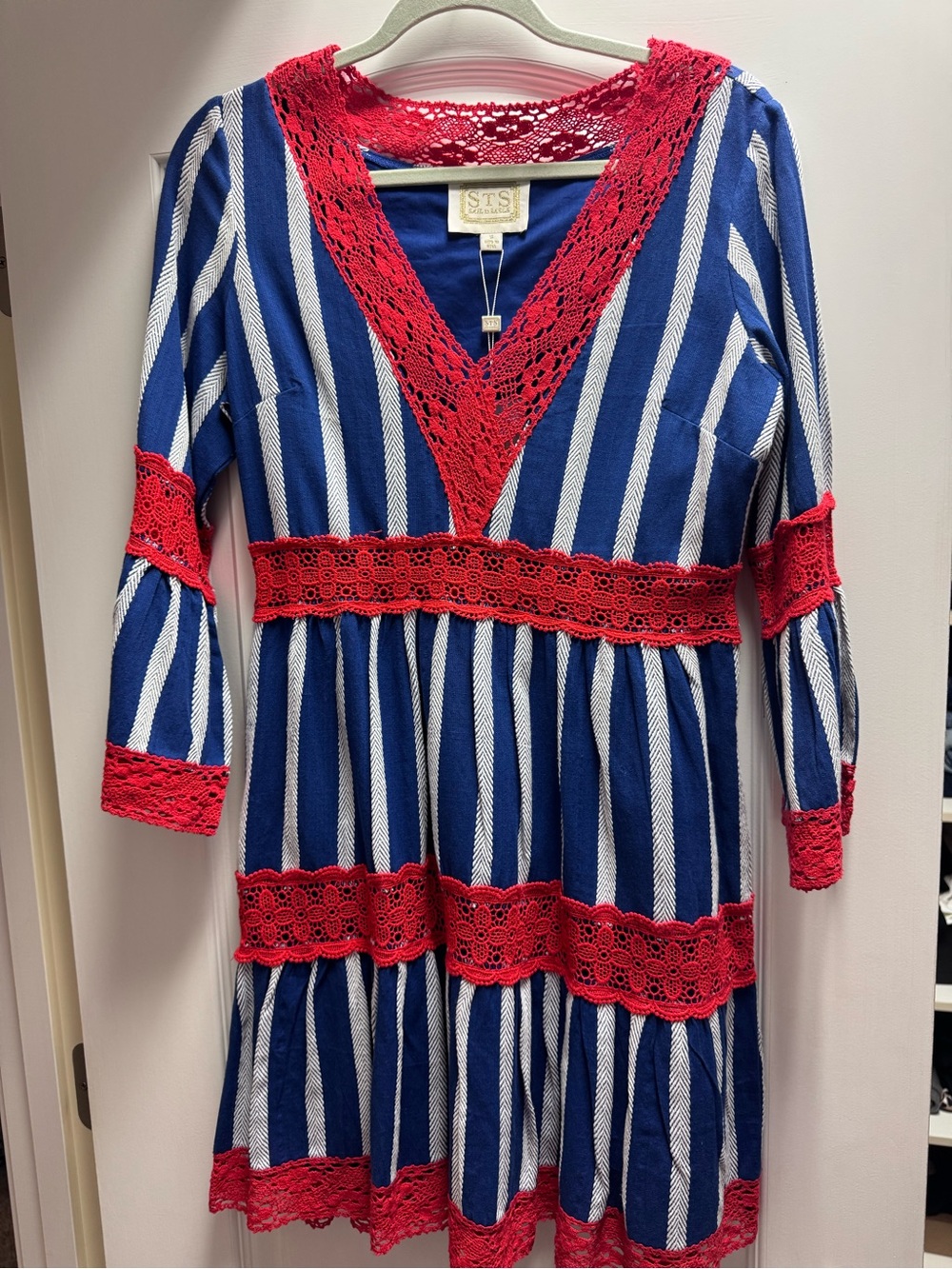 Sail to Sable Blue and Red Striped Crochet-Trim Dress